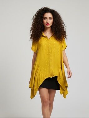 Solitaire Mustard Yellow Metallic Print Button Front Rayon Blouse - Size M